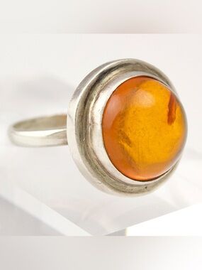 Vintage Amber Sterling Silver Ring Size 8.5 Modernist Large Round Cabochon